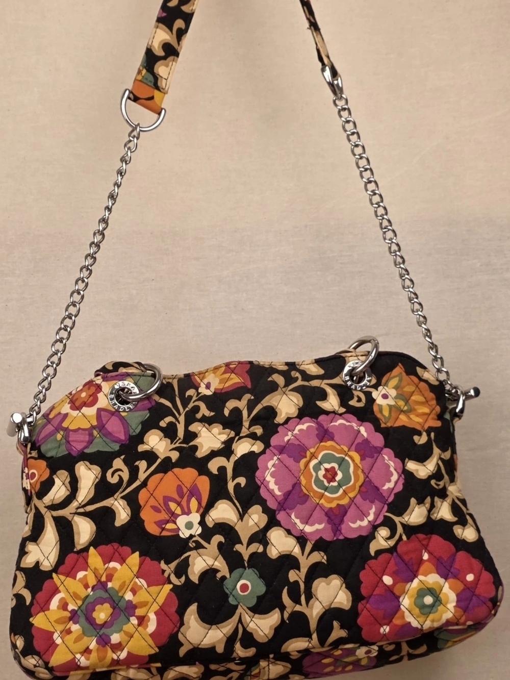 Vera Bradley Chain Bag Suzani Floral Black Quilted Cotton Shoulder Handbag EUC